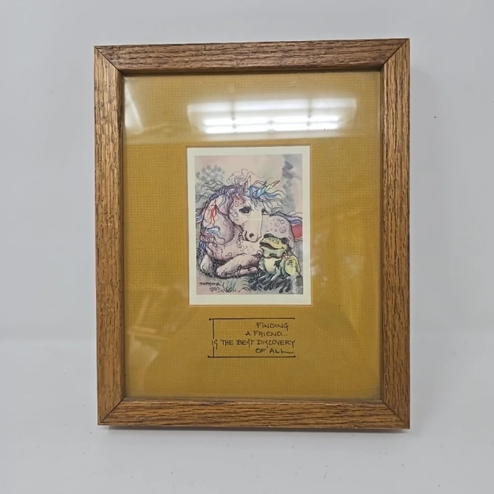 Vintage 1980 Jody Bergsma unicorn wood framed art print signed wall decor horse.